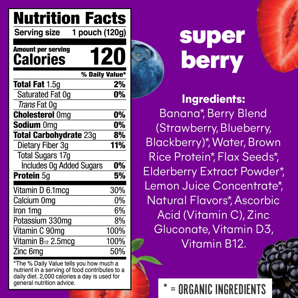 Noka Superfood Fruit Smoothie Pouches, Super Berry with Immune Support, Healthy Snacks with Flax Seed, Elderberry and Plant Protein, Vegan and Gluten Free, Organic Squeeze Pouch, 4.22 oz, 6 Count - Image 2